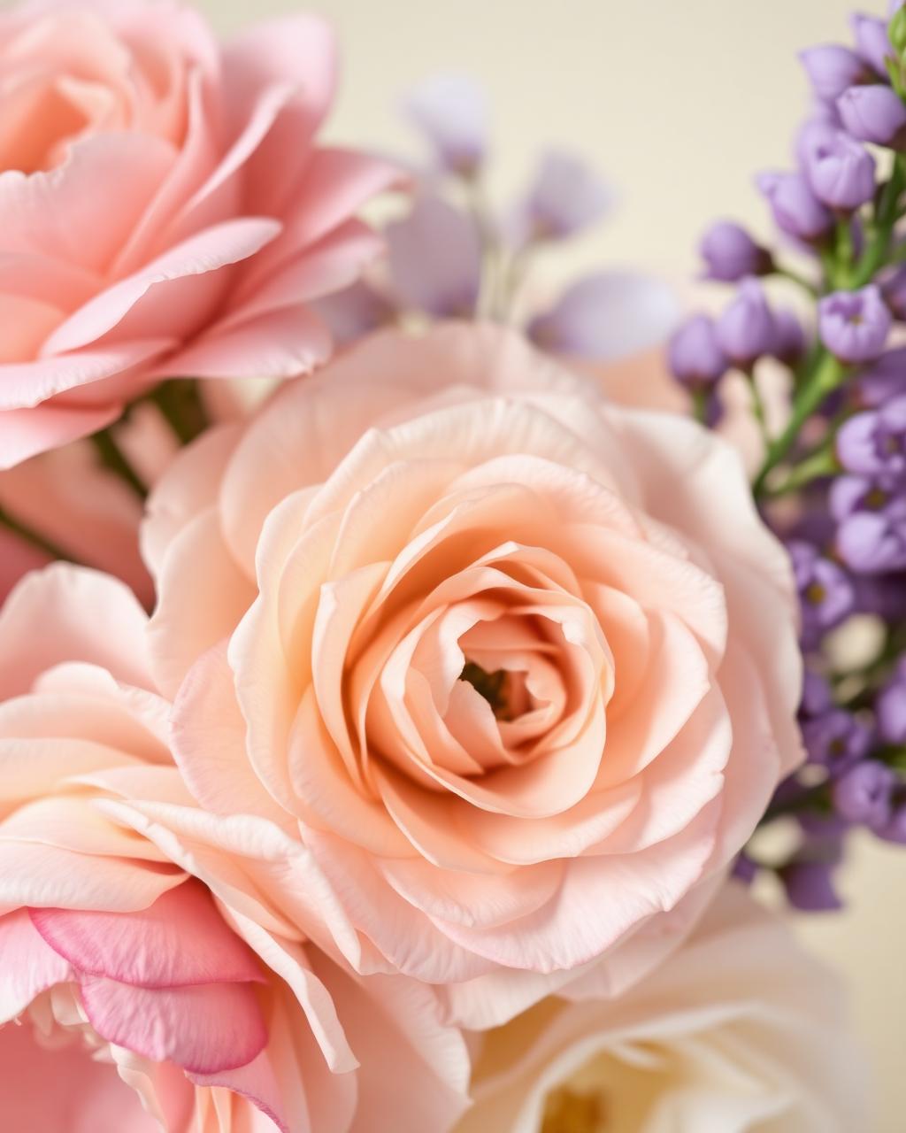 Pastel arrangement in blush pink, peach and lilac tones