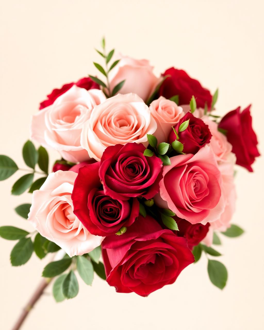 Bouquet of pink and deep red roses with green foliage