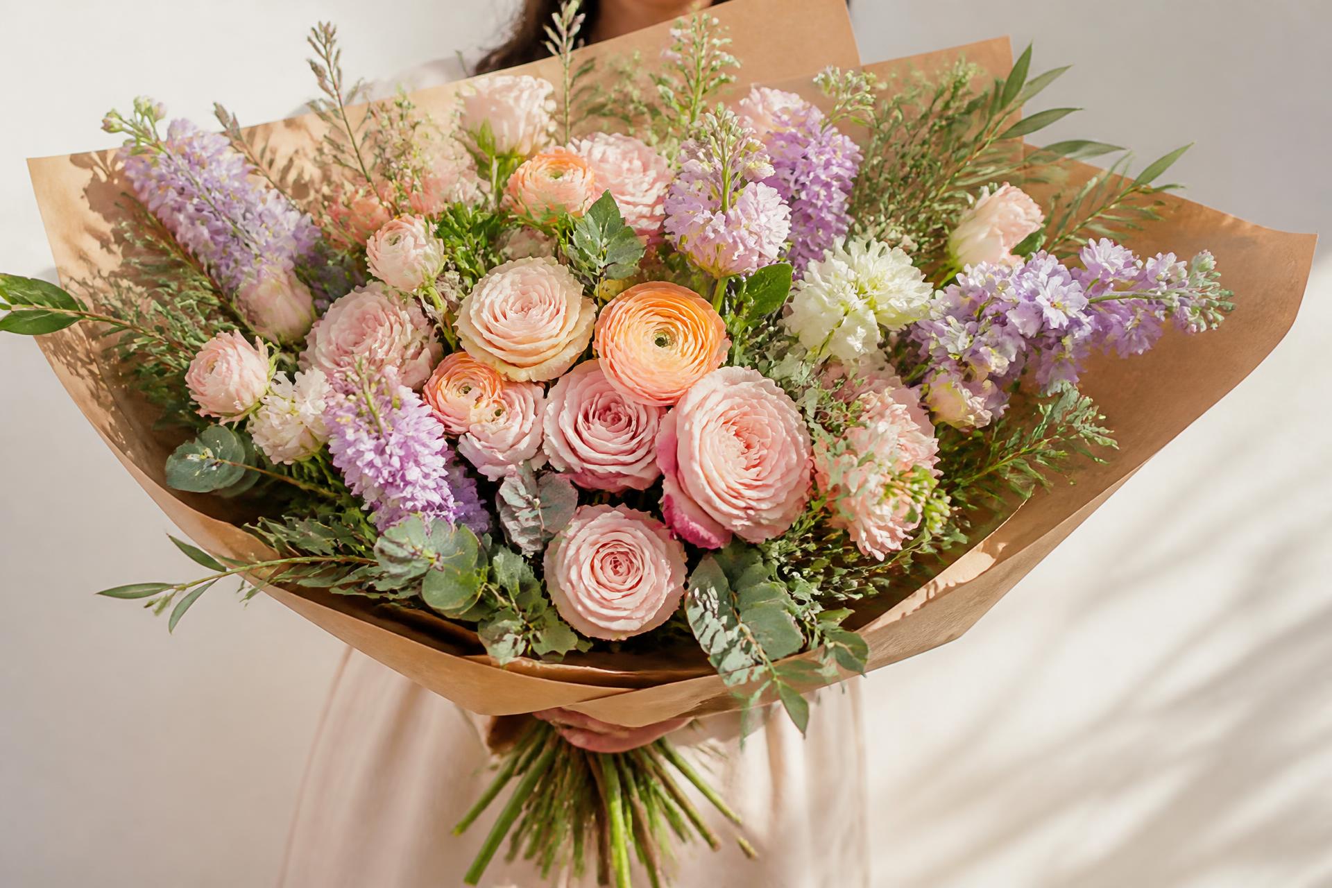 Colourful handmade hand-tied bouquet of roses, ranunculus and lilac stocks