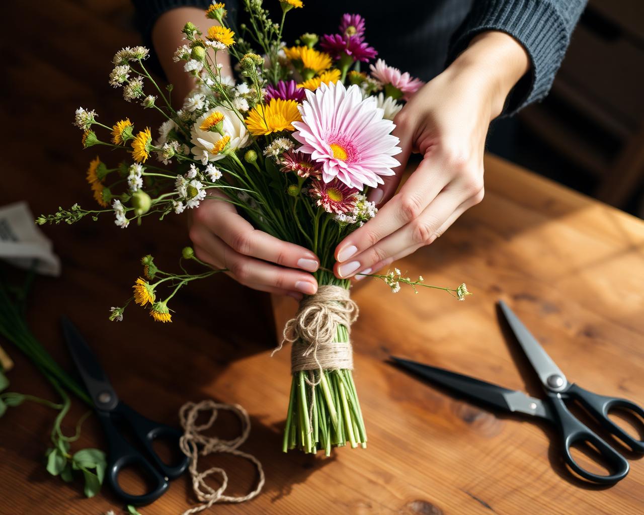 Florist hand-tying a mixed seasonal bouquet on a wooden workbench